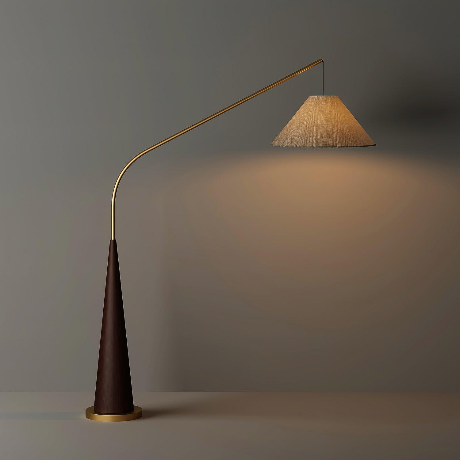 Modern Arching Floor Lamp with Wood Grain Finish and Golden Accents for Contemporary Living Rooms