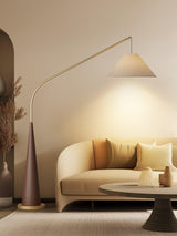 Modern Arching Floor Lamp with Wood Grain Finish and Golden Accents for Contemporary Living Rooms