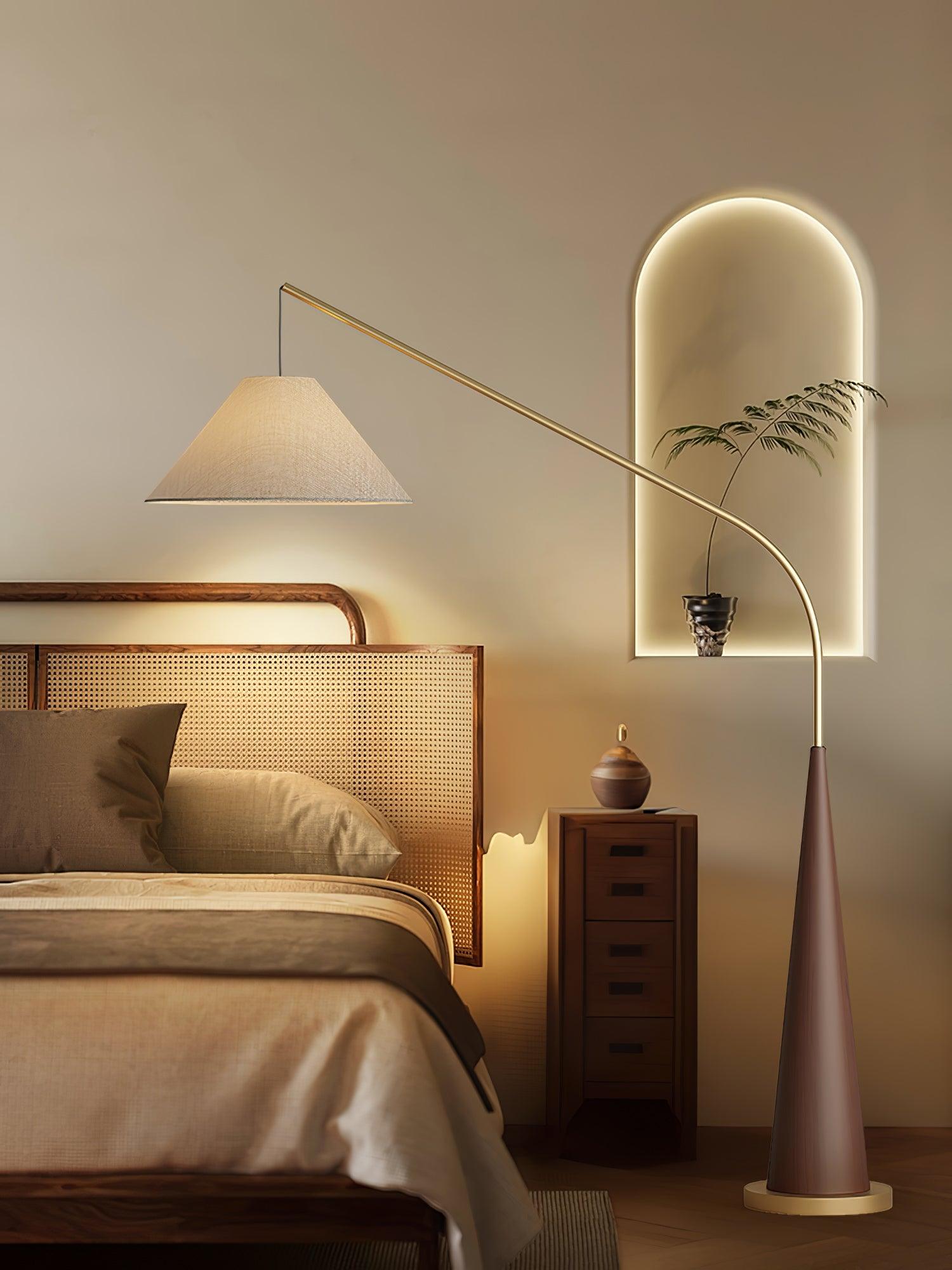 Modern Arching Floor Lamp with Wood Grain Finish and Golden Accents for Contemporary Living Rooms
