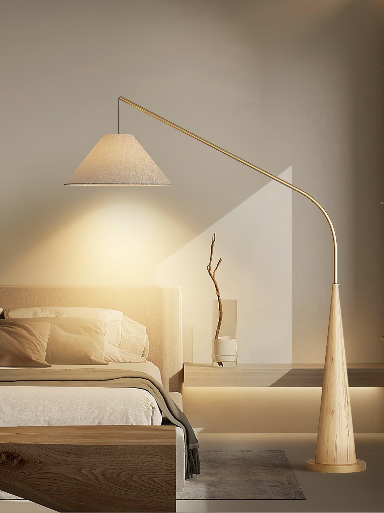 Modern Arching Floor Lamp with Wood Grain Finish and Golden Accents for Contemporary Living Rooms