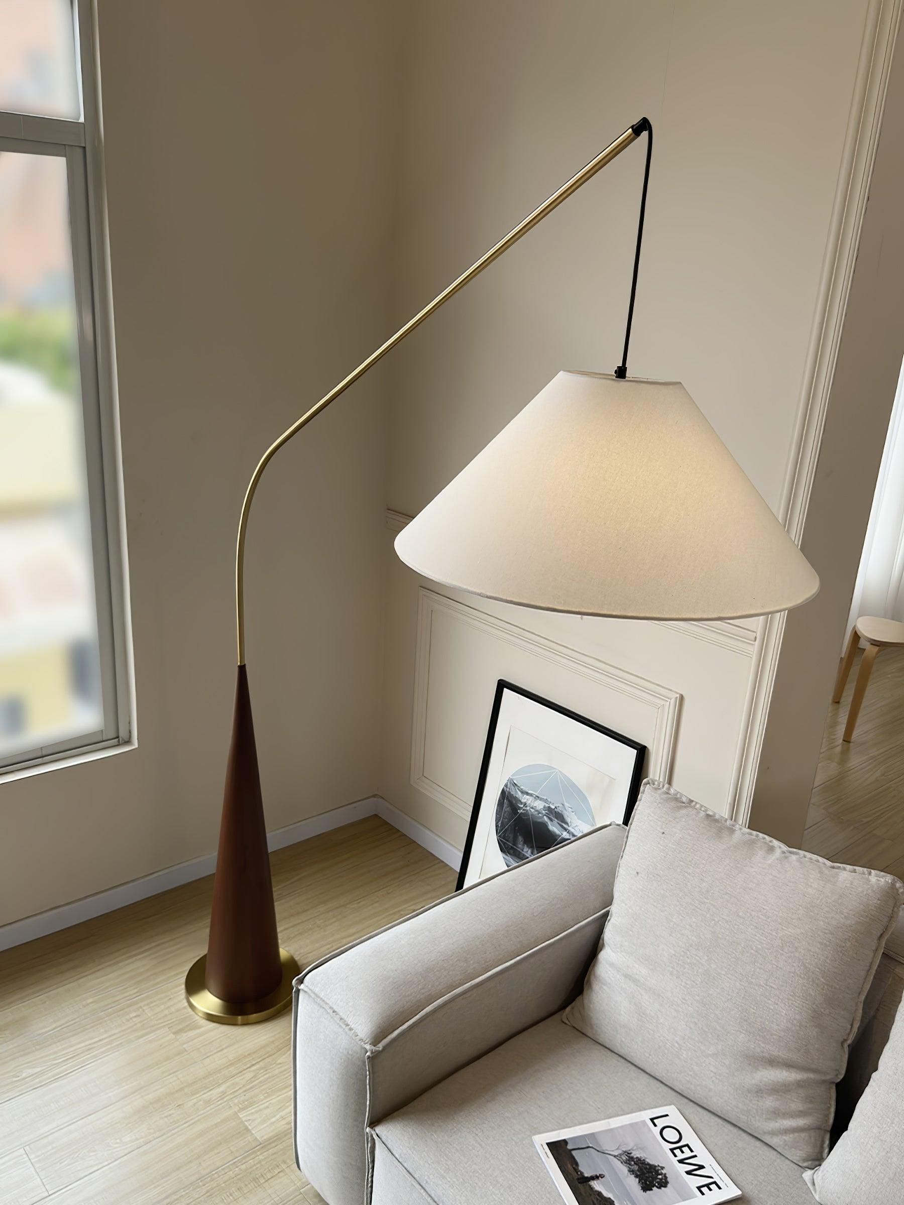 Modern Arching Floor Lamp with Wood Grain Finish and Golden Accents for Contemporary Living Rooms
