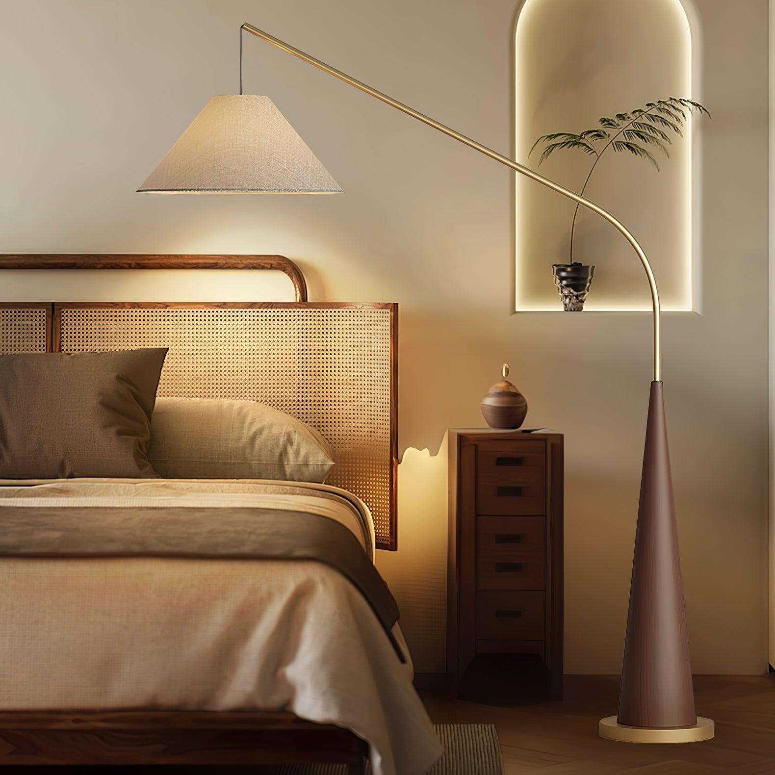 Modern Arching Floor Lamp with Wood Grain Finish and Golden Accents for Contemporary Living Rooms