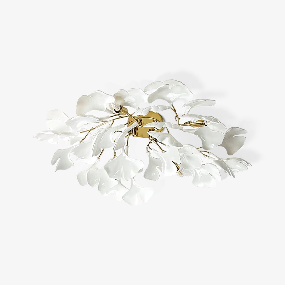 Modern Gold Ginkgo Leaf Flush Mount Ceiling Light with White Ceramic Accents