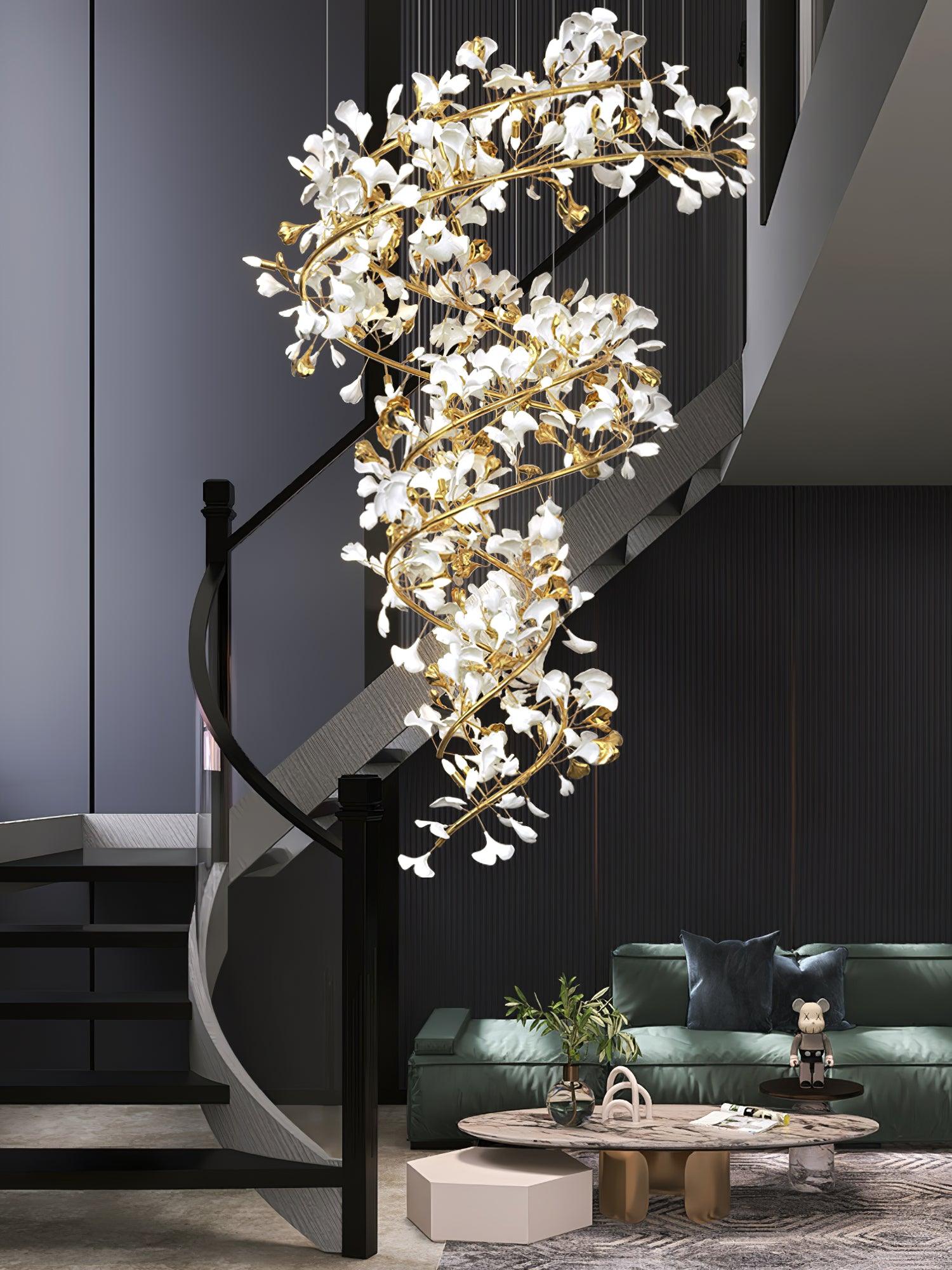 Ceramic Ginkgo Leaf Cascade Chandelier Luxury Pendant Light for Grand Entrances