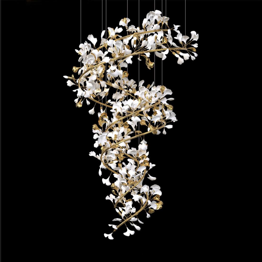 Ceramic Ginkgo Leaf Cascade Chandelier Luxury Pendant Light for Grand Entrances