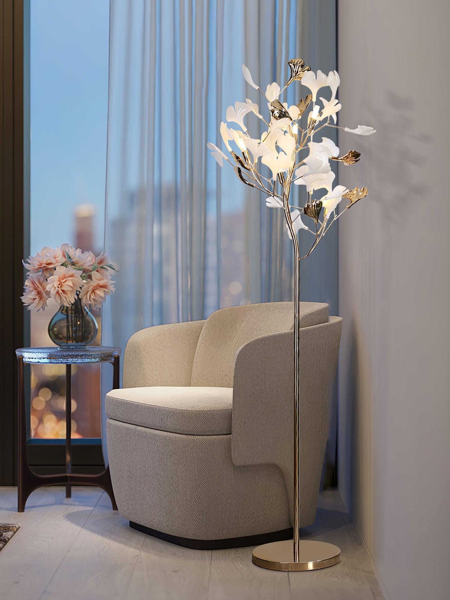 Luxury Porcelain Ginkgo Leaf Accent Standing Floor Lamp in Gold Finish