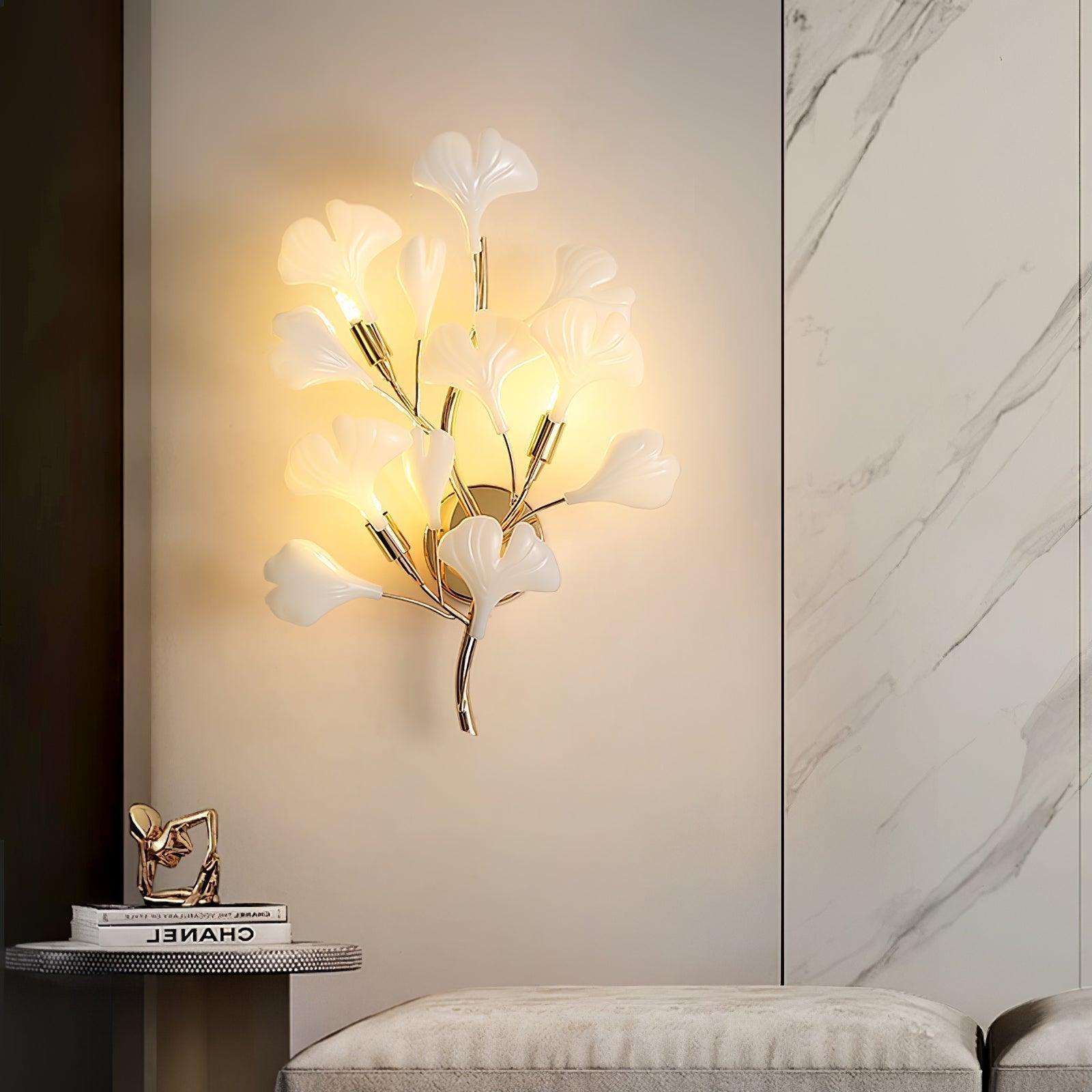 Elegant Gold and White Ginkgo Leaf Wall Sconce Indoor Ceramic Accent Lighting