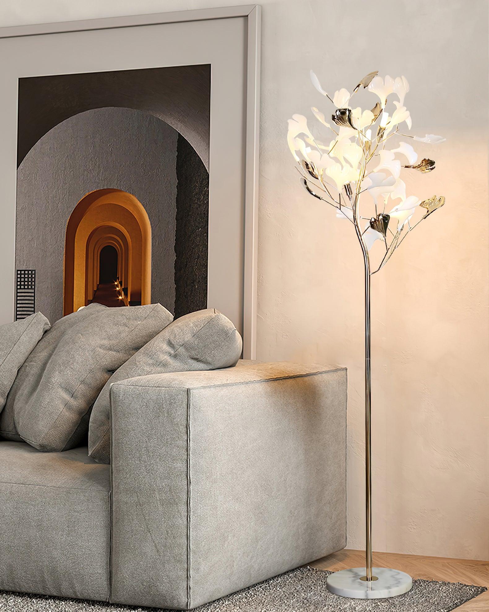 Luxury Porcelain Ginkgo Leaf Accent Standing Floor Lamp in Gold Finish