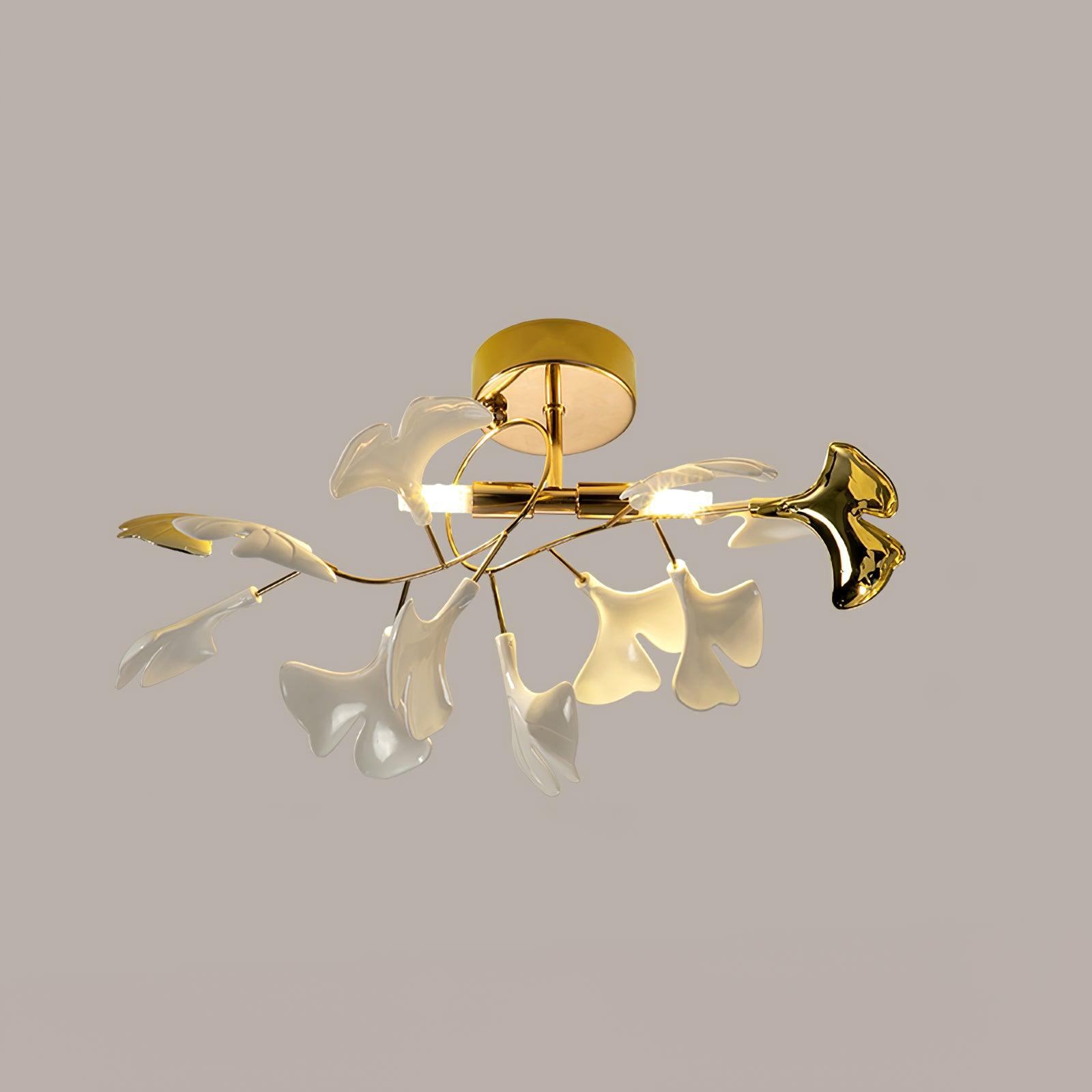 Modern Gold Ginkgo Leaf Flush Mount Ceiling Light with White Ceramic Accents
