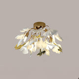 Modern Gold Ginkgo Leaf Flush Mount Ceiling Light with White Ceramic Accents