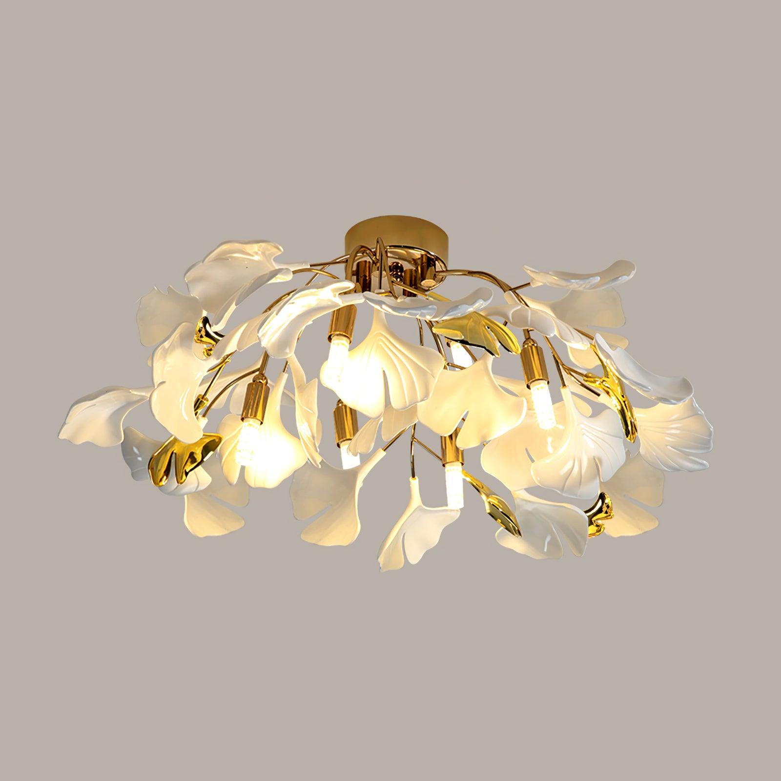 Modern Gold Ginkgo Leaf Flush Mount Ceiling Light with White Ceramic Accents