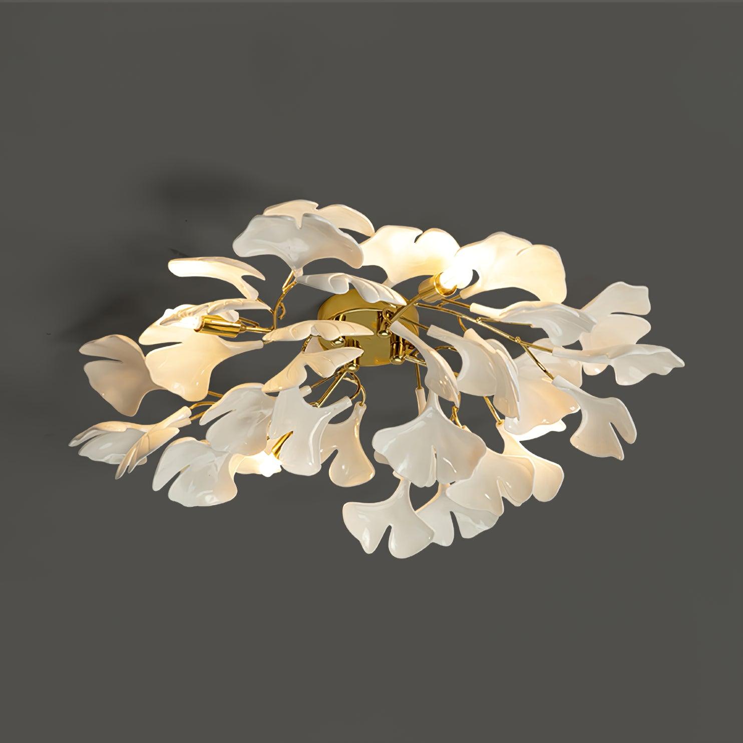 Modern Gold Ginkgo Leaf Flush Mount Ceiling Light with White Ceramic Accents