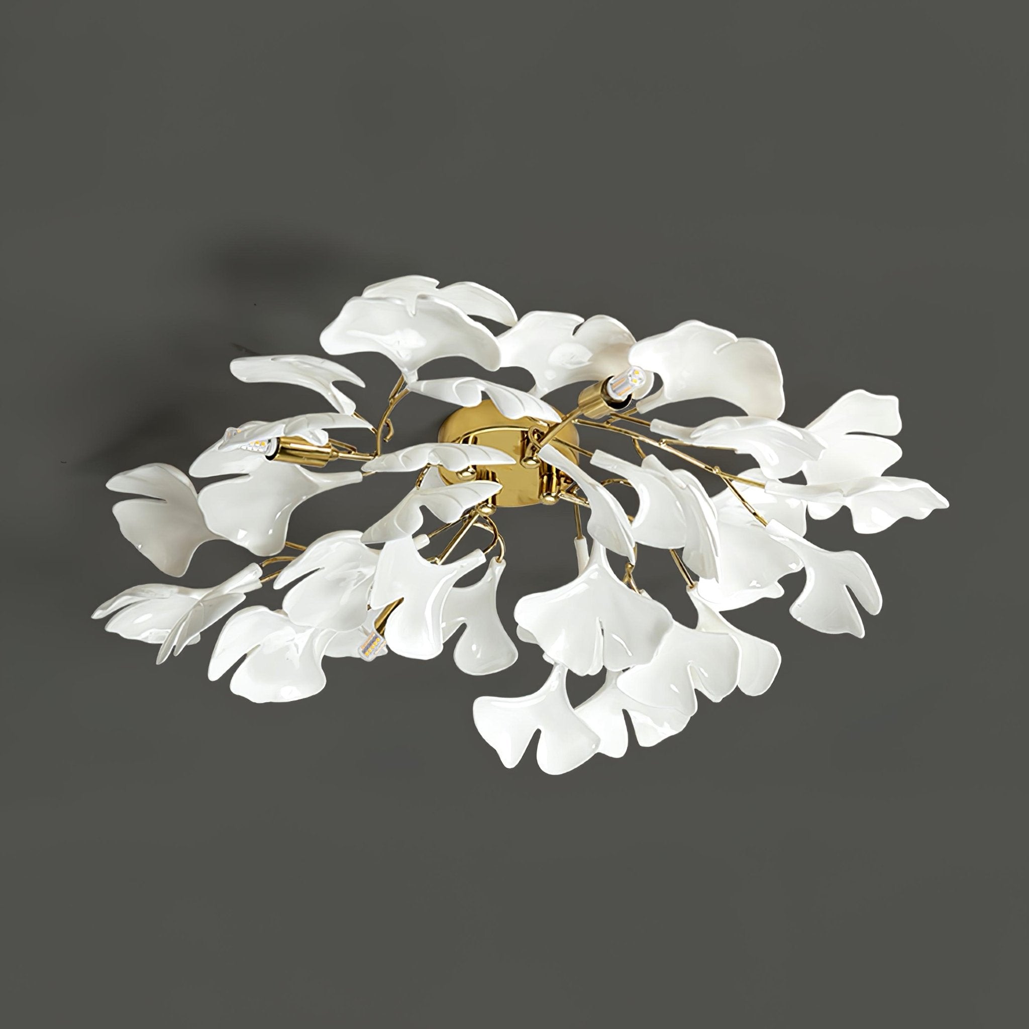 Modern Gold Ginkgo Leaf Flush Mount Ceiling Light with White Ceramic Accents