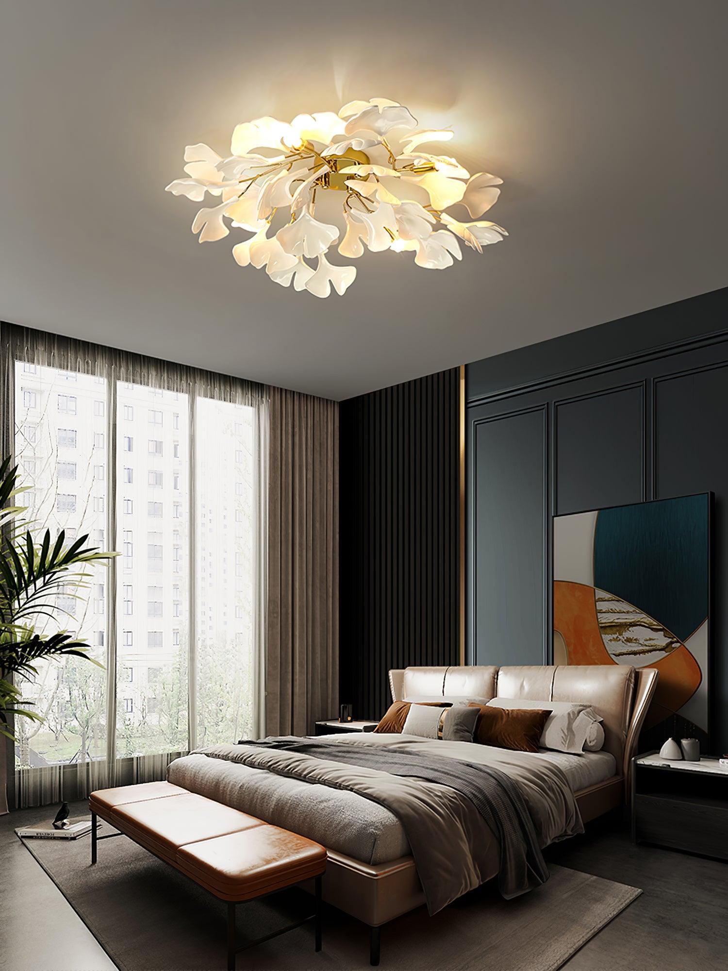 Modern Gold Ginkgo Leaf Flush Mount Ceiling Light with White Ceramic Accents
