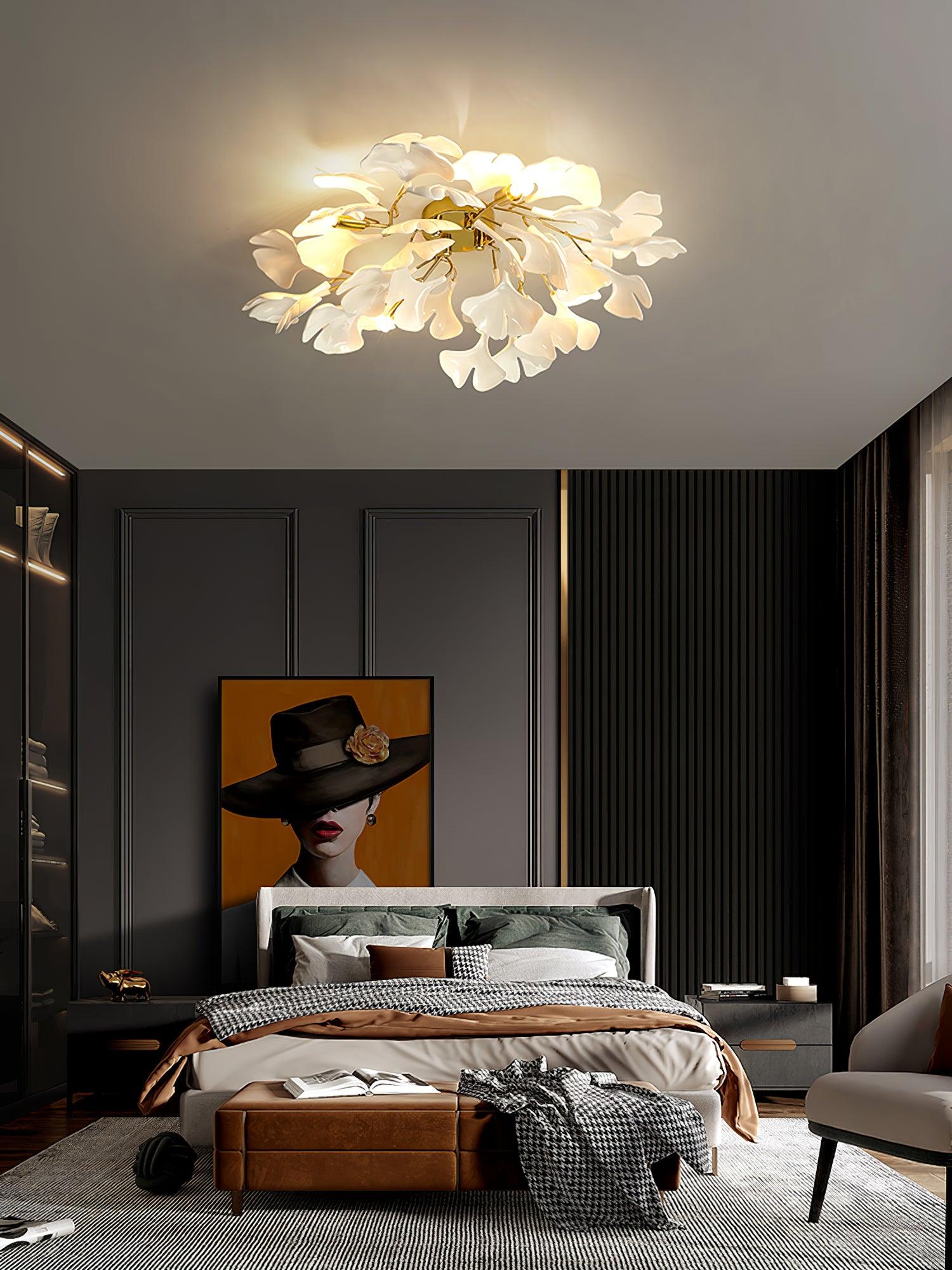 Modern Gold Ginkgo Leaf Flush Mount Ceiling Light with White Ceramic Accents