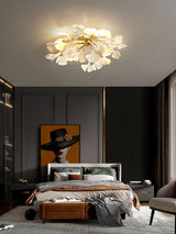 Modern Gold Ginkgo Leaf Flush Mount Ceiling Light with White Ceramic Accents