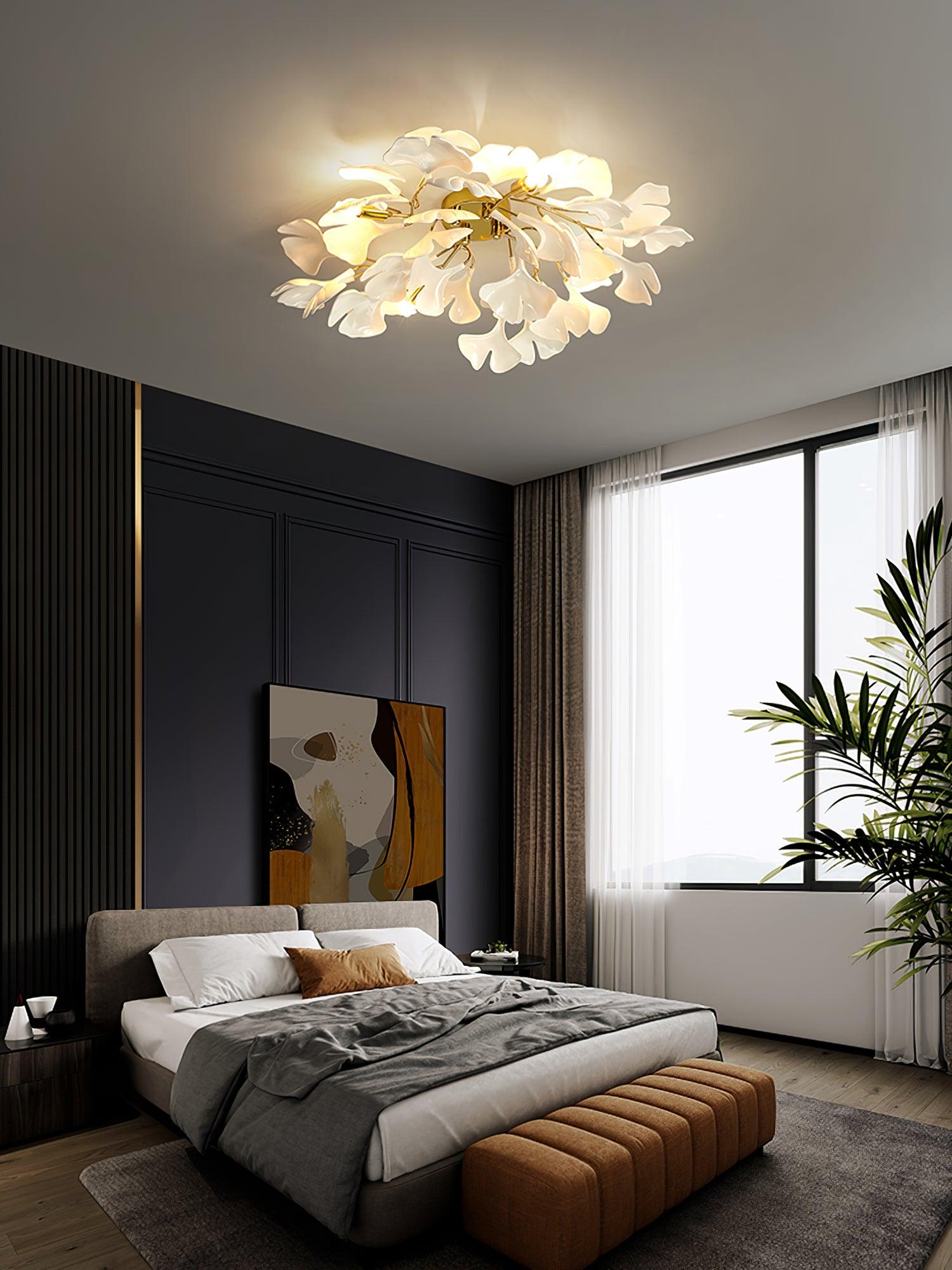 Modern Gold Ginkgo Leaf Flush Mount Ceiling Light with White Ceramic Accents