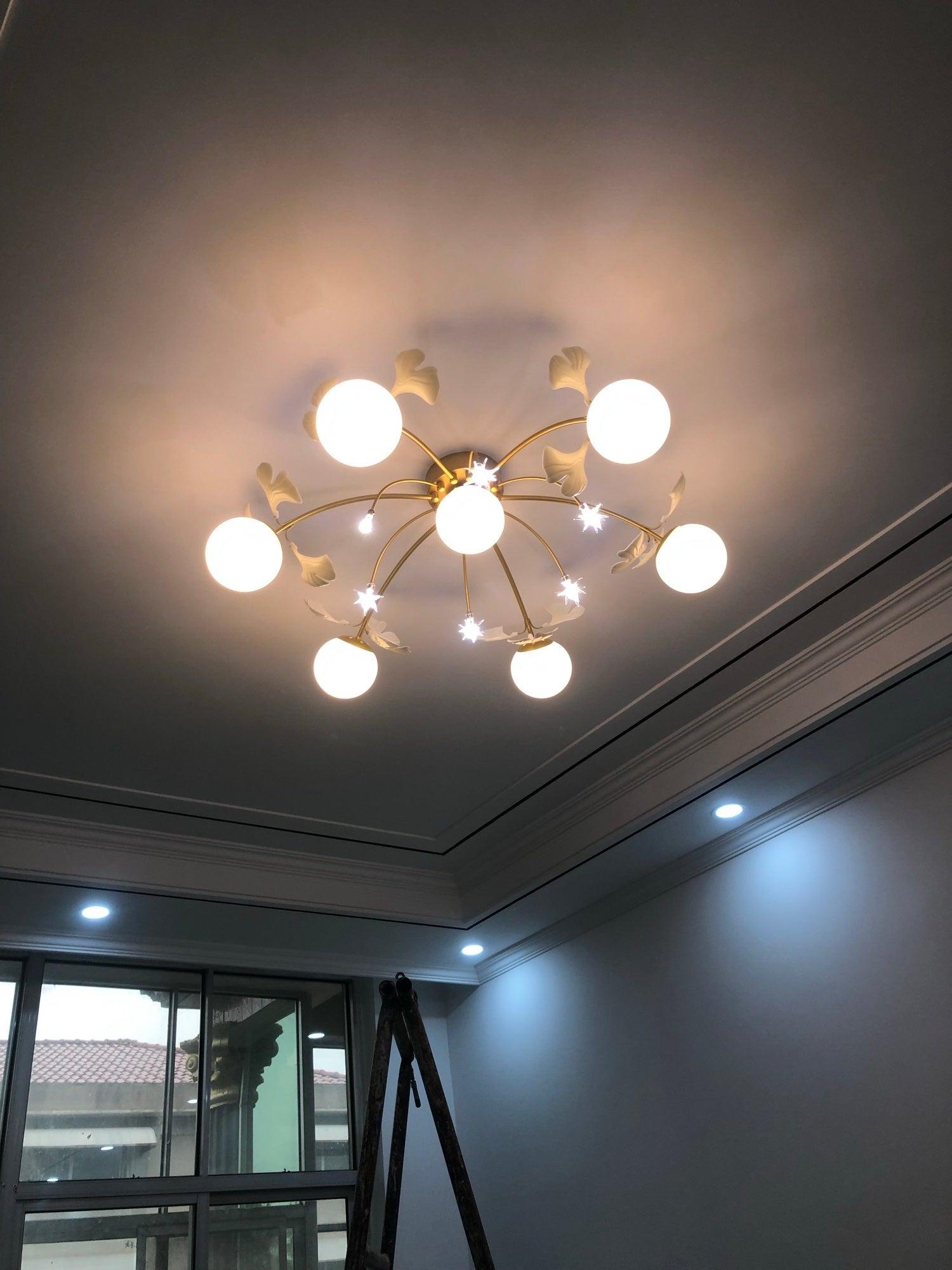 Modern Ginkgo Branch Glass Globe Ceiling Light Gold Semi Flush Mount Chandelier