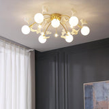 Modern Ginkgo Branch Glass Globe Ceiling Light Gold Semi Flush Mount Chandelier