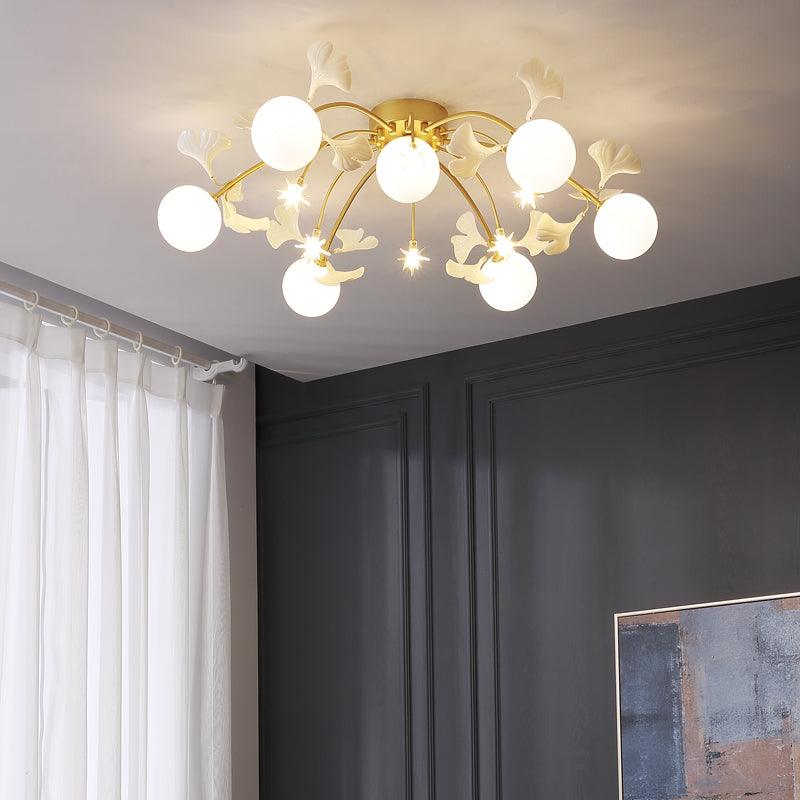 Modern Ginkgo Branch Glass Globe Ceiling Light Gold Semi Flush Mount Chandelier
