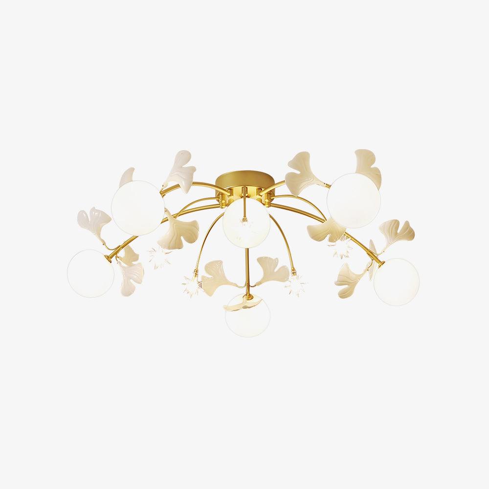 Modern Ginkgo Branch Glass Globe Ceiling Light Gold Semi Flush Mount Chandelier