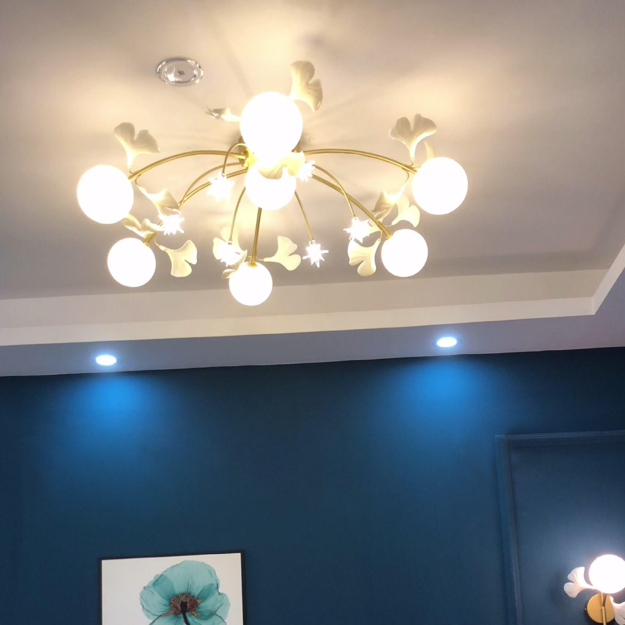 Modern Ginkgo Branch Glass Globe Ceiling Light Gold Semi Flush Mount Chandelier
