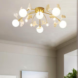 Modern Ginkgo Branch Glass Globe Ceiling Light Gold Semi Flush Mount Chandelier