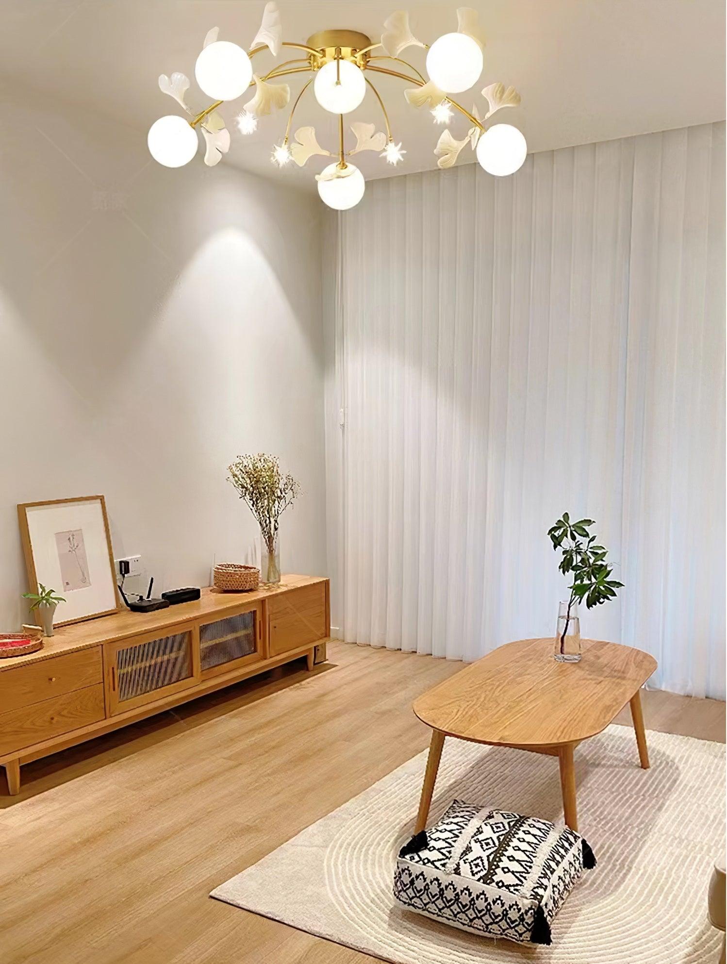 Modern Ginkgo Branch Glass Globe Ceiling Light Gold Semi Flush Mount Chandelier