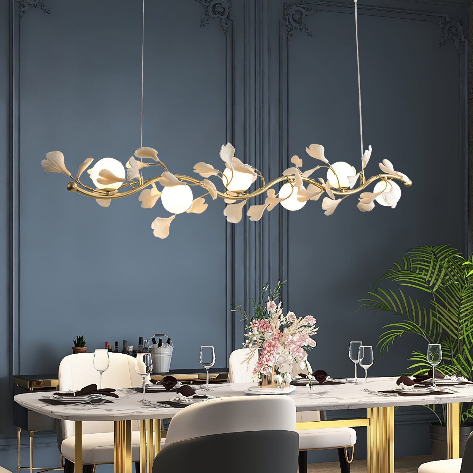 luxury-ginkgo-leaf-linear-chandelier-gold-metal-bar-light-with-white-ceramic-petal-shades