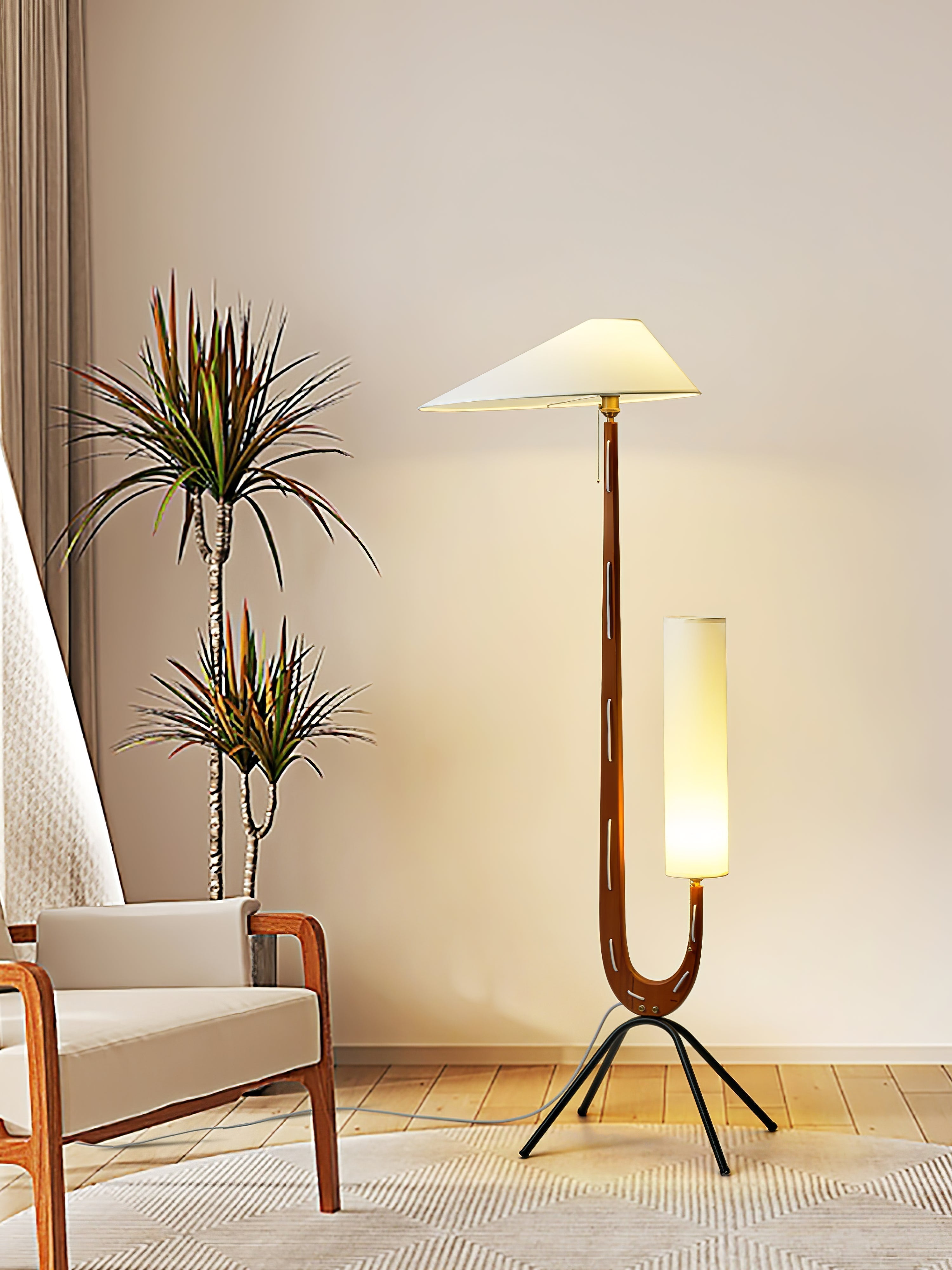 Modern Giraffe Torchiere Floor Lamp Walnut and Stainless Steel Standing Light with White Shade