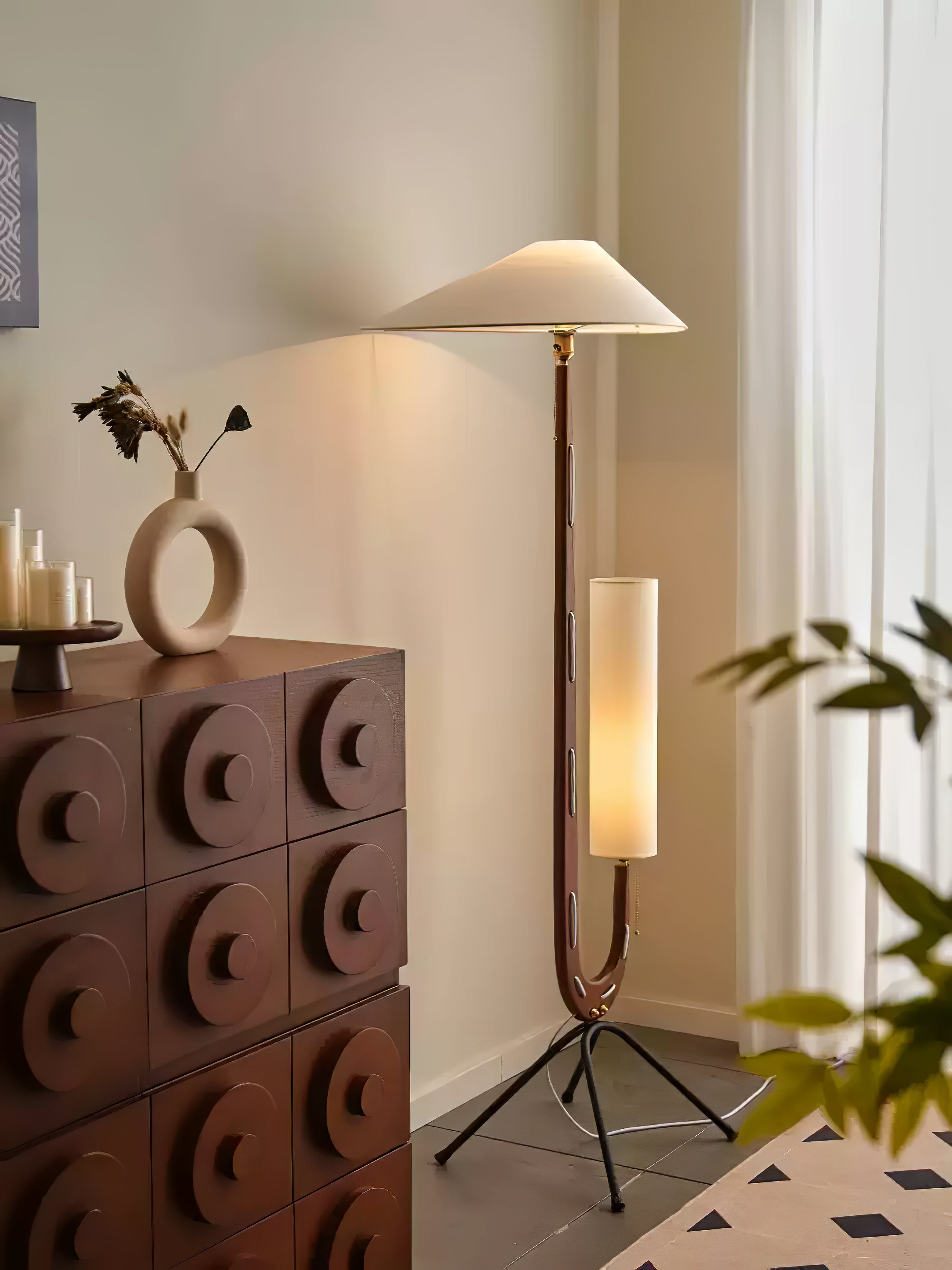 Modern Giraffe Torchiere Floor Lamp Walnut and Stainless Steel Standing Light with White Shade