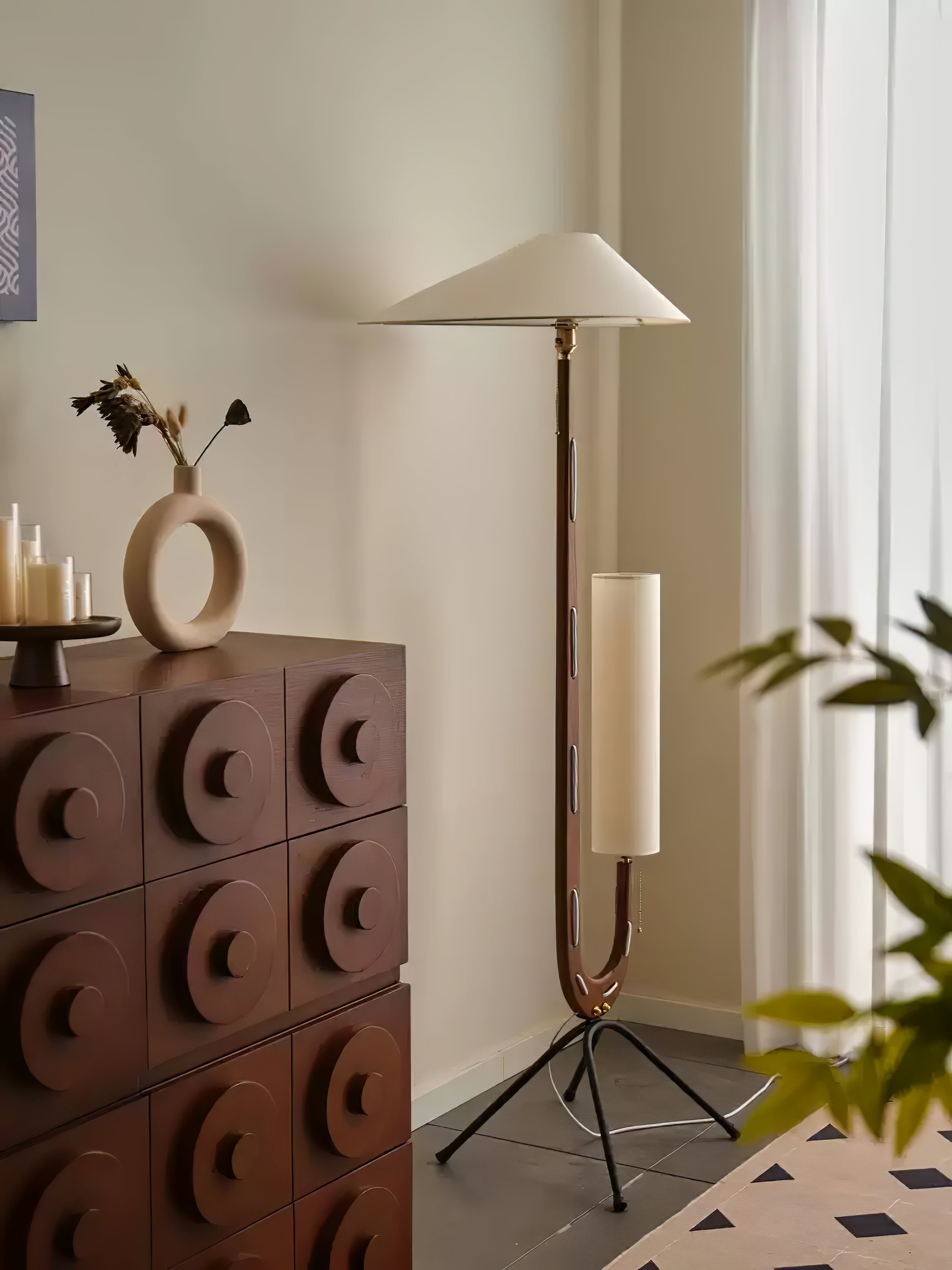 Modern Giraffe Torchiere Floor Lamp Walnut and Stainless Steel Standing Light with White Shade
