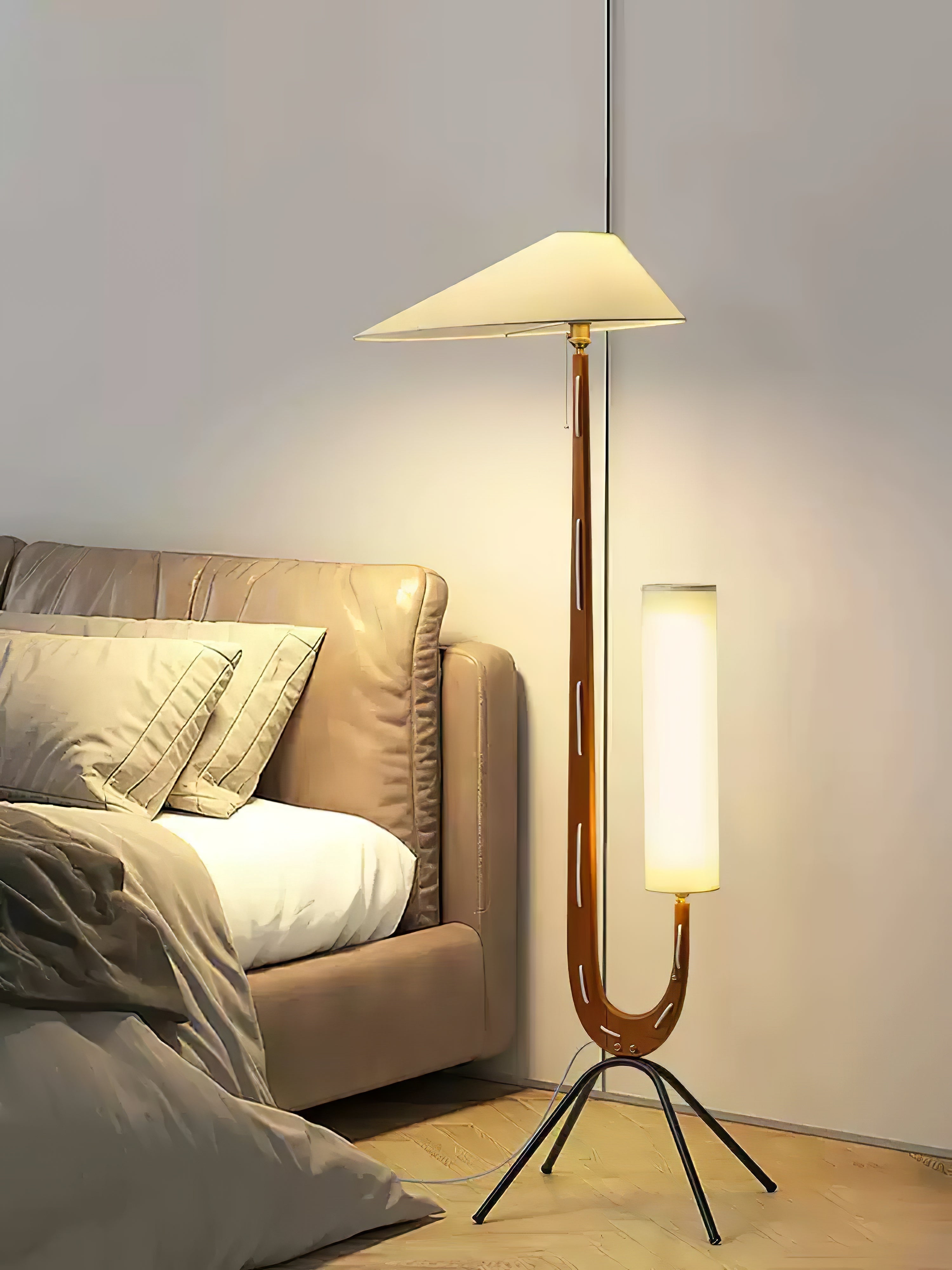 Modern Giraffe Torchiere Floor Lamp Walnut and Stainless Steel Standing Light with White Shade