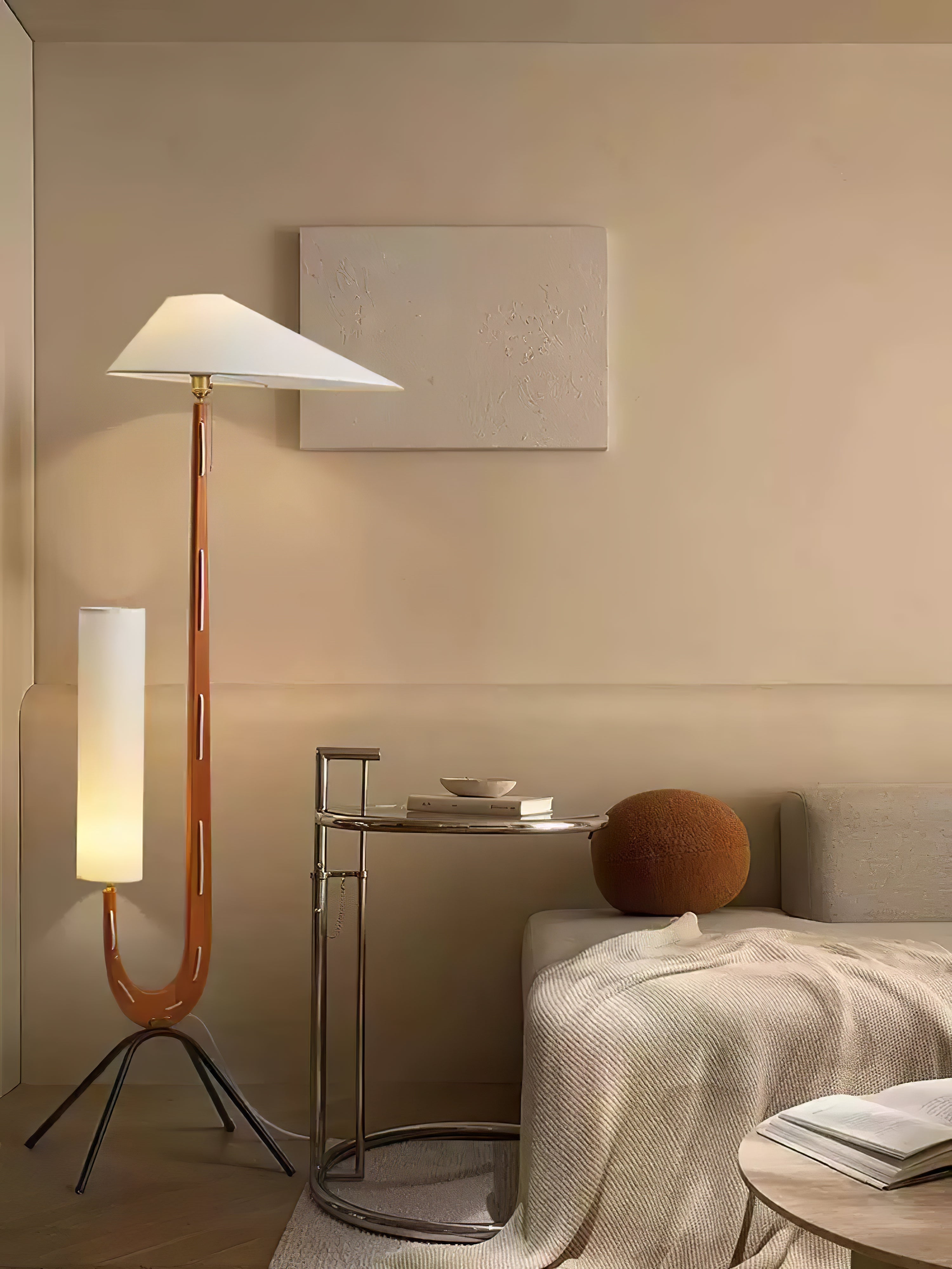 Modern Giraffe Torchiere Floor Lamp Walnut and Stainless Steel Standing Light with White Shade