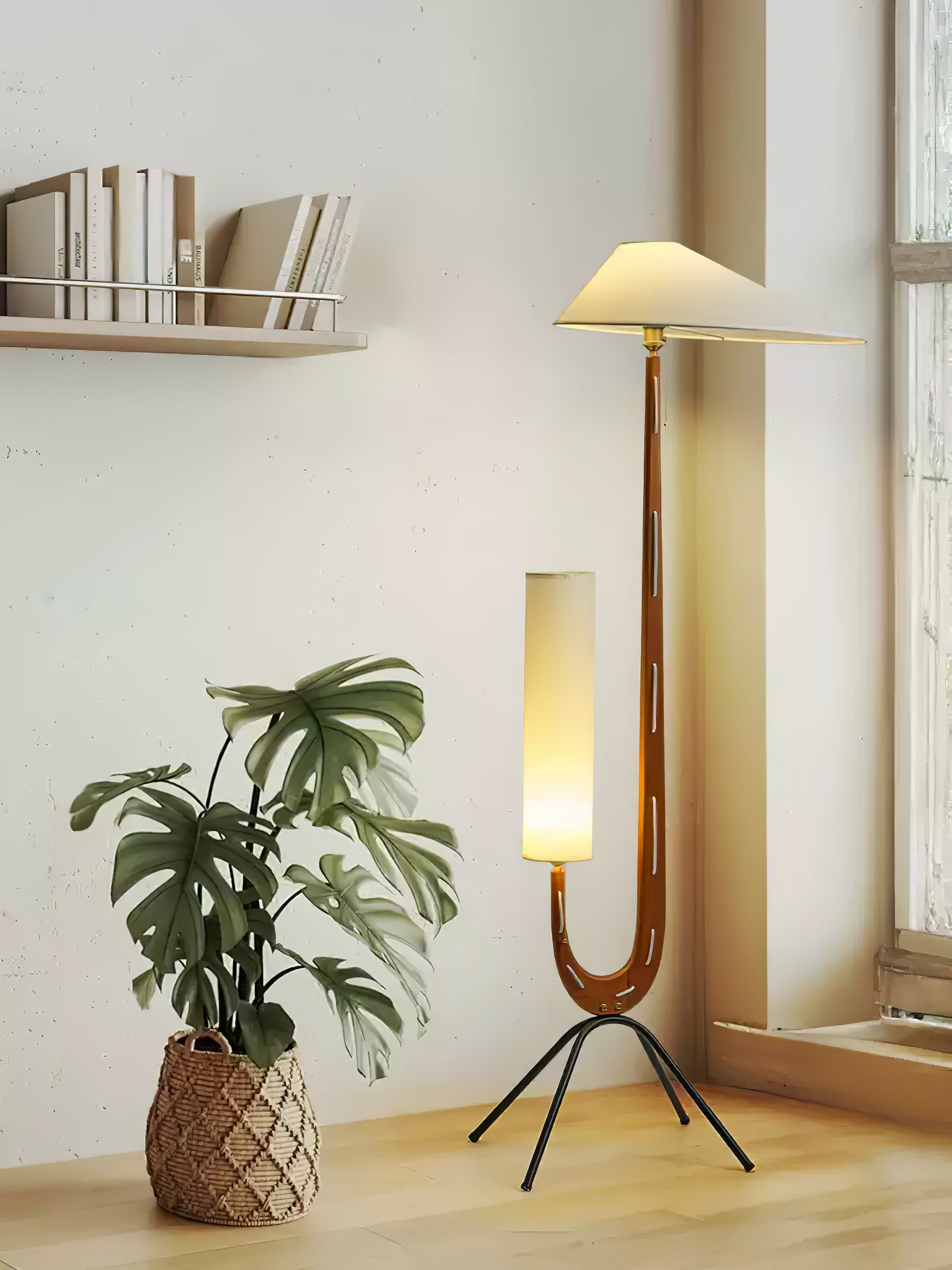 Modern Giraffe Torchiere Floor Lamp Walnut and Stainless Steel Standing Light with White Shade