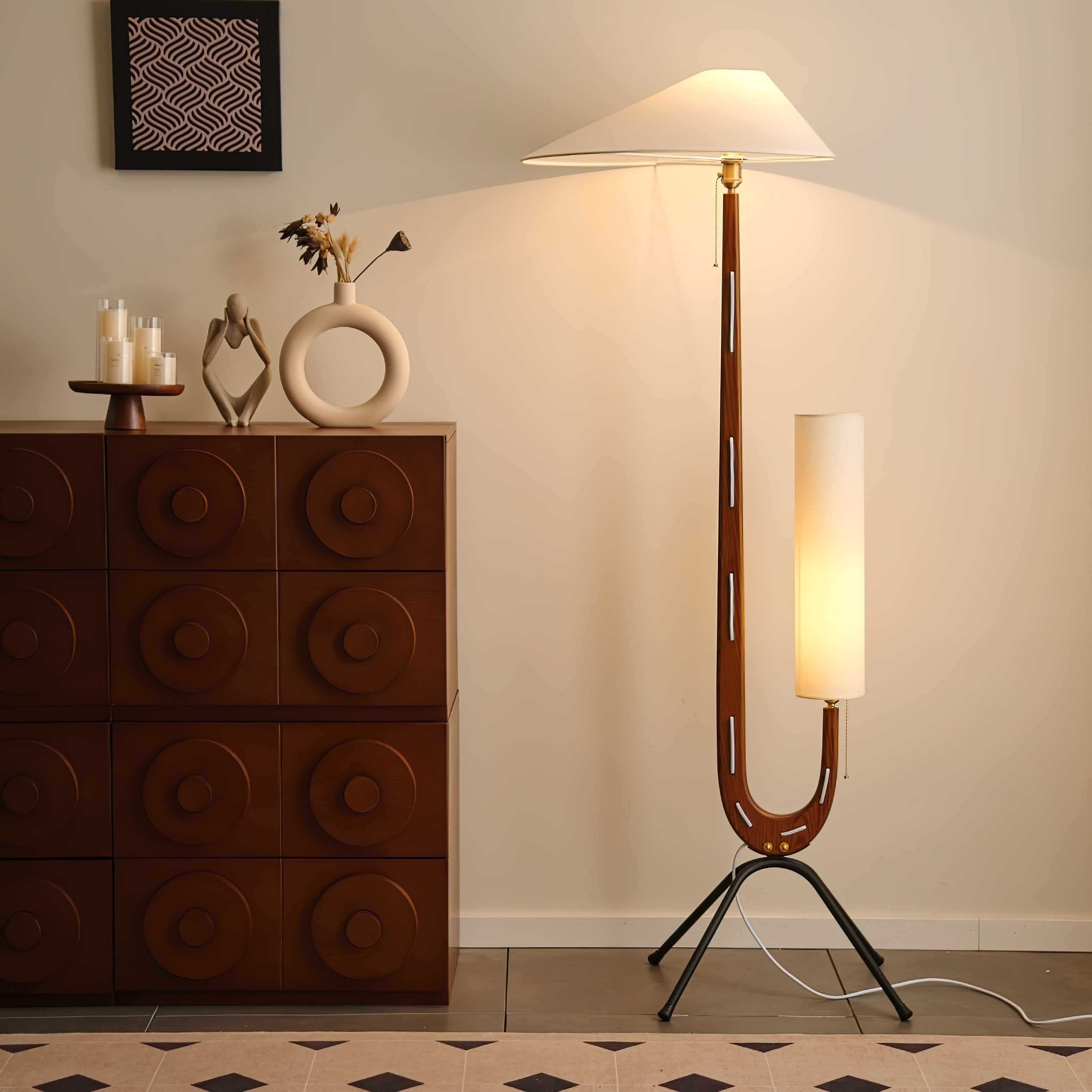 Modern Giraffe Torchiere Floor Lamp Walnut and Stainless Steel Standing Light with White Shade