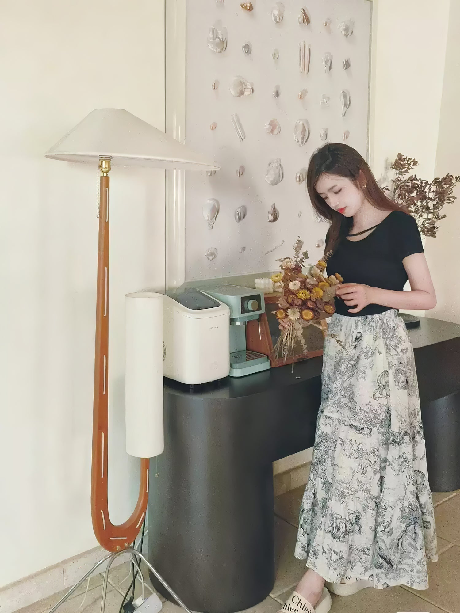 Modern Giraffe Torchiere Floor Lamp Walnut and Stainless Steel Standing Light with White Shade