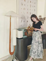 Modern Giraffe Torchiere Floor Lamp Walnut and Stainless Steel Standing Light with White Shade