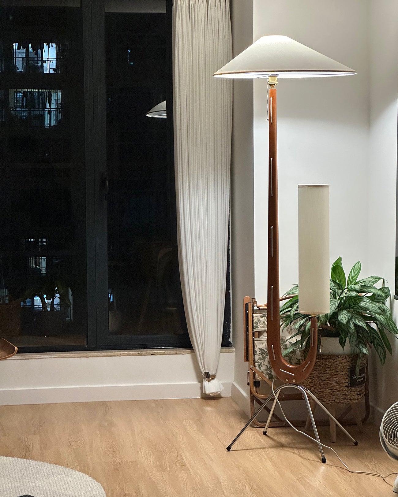 Modern Giraffe Torchiere Floor Lamp Walnut and Stainless Steel Standing Light with White Shade