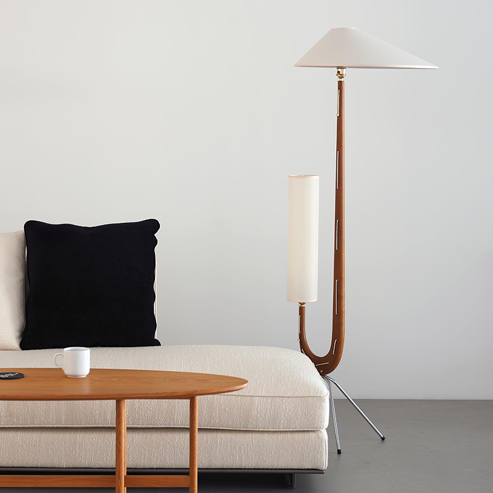 Modern Giraffe Torchiere Floor Lamp Walnut and Stainless Steel Standing Light with White Shade
