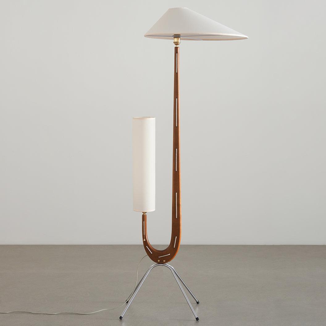 Modern Giraffe Torchiere Floor Lamp Walnut and Stainless Steel Standing Light with White Shade