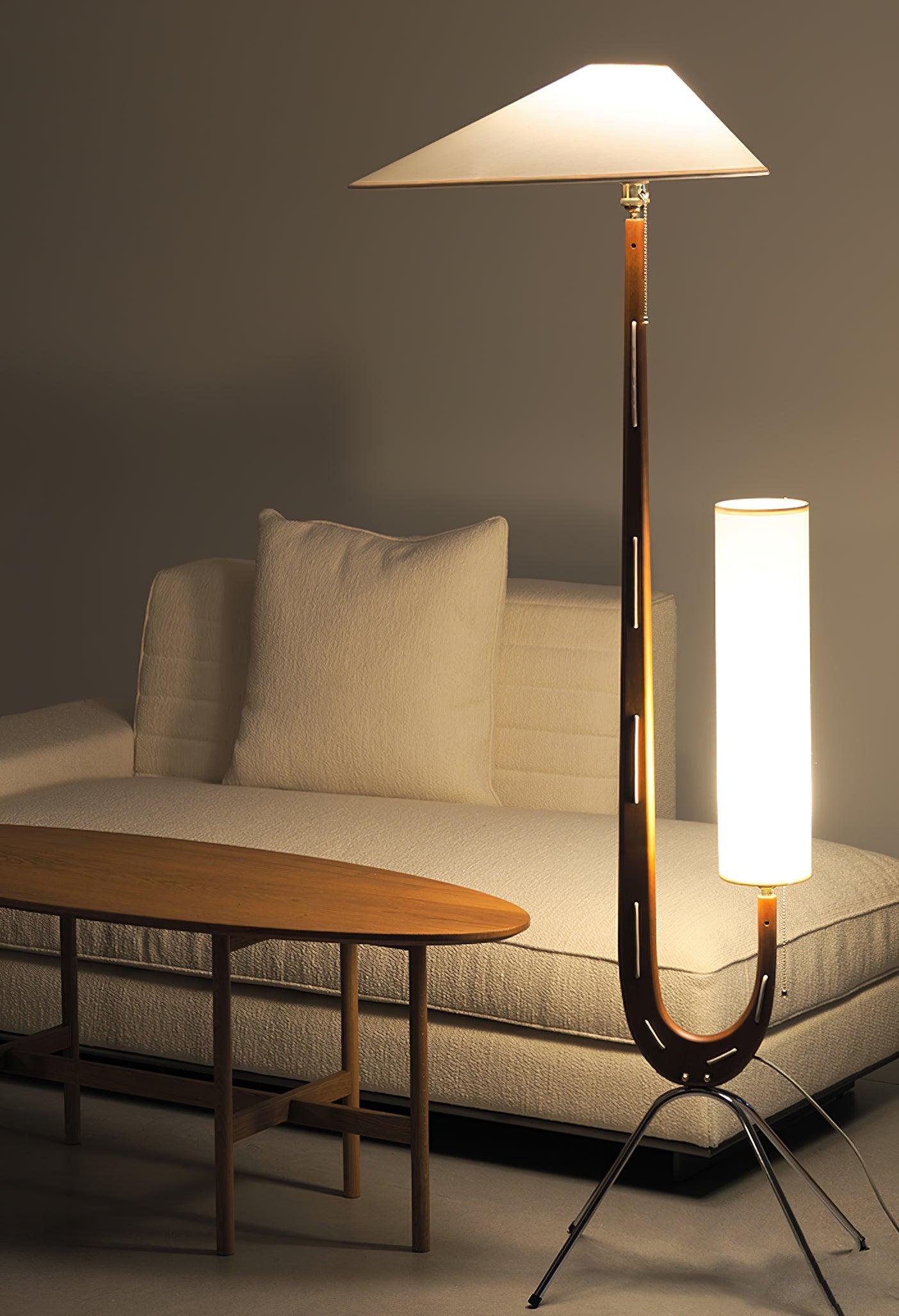 Modern Giraffe Torchiere Floor Lamp Walnut and Stainless Steel Standing Light with White Shade