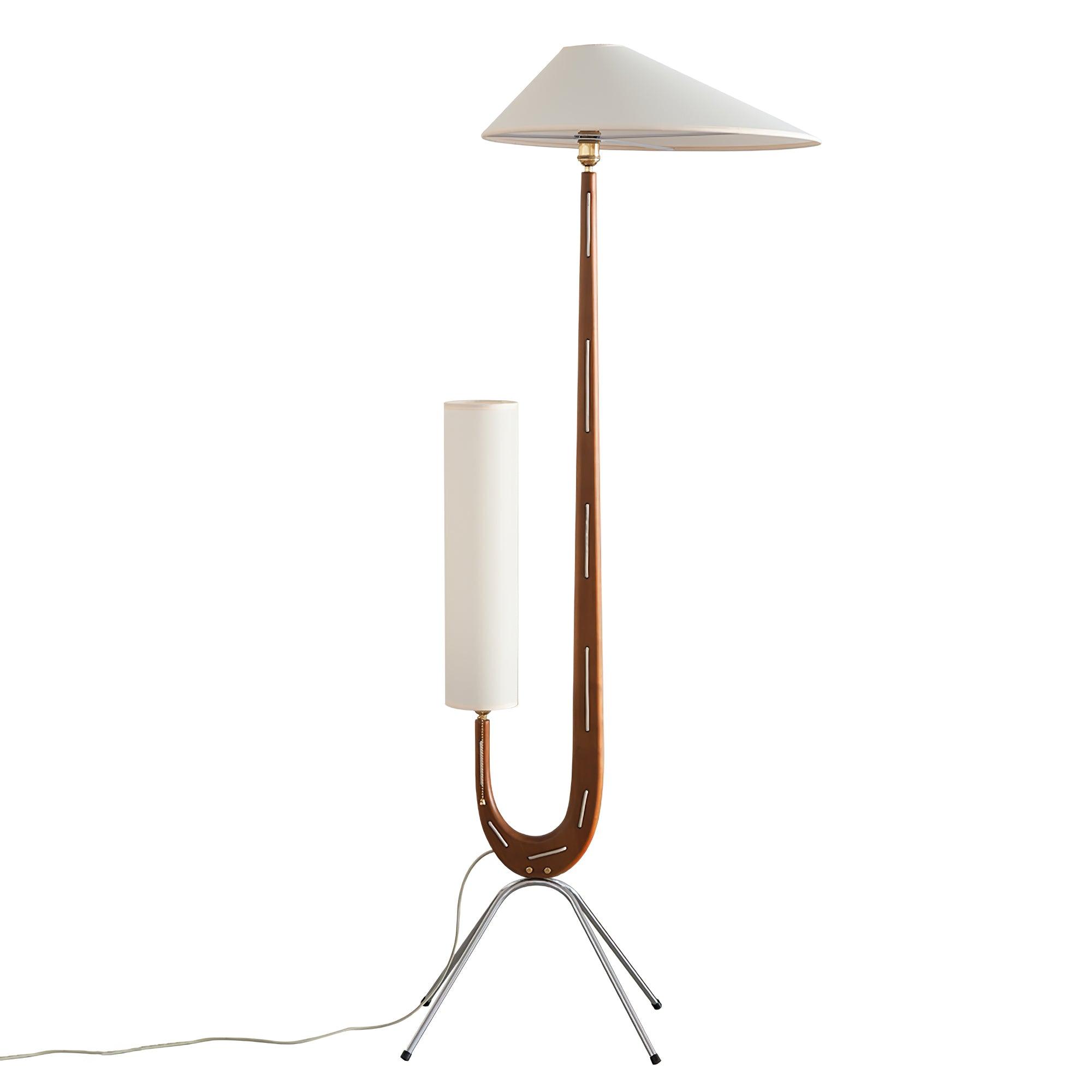Modern Giraffe Torchiere Floor Lamp Walnut and Stainless Steel Standing Light with White Shade