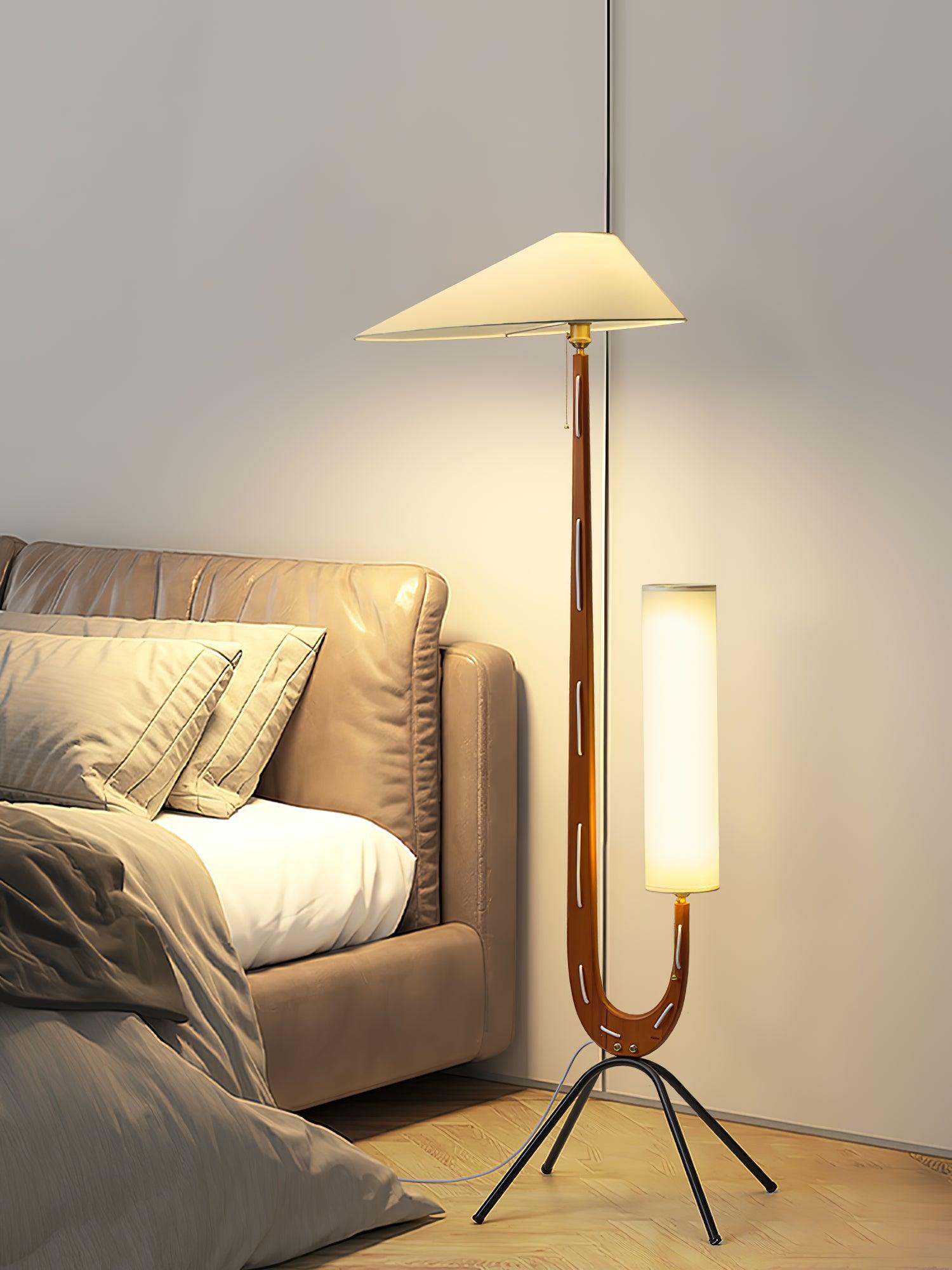 Modern Giraffe Torchiere Floor Lamp Walnut and Stainless Steel Standing Light with White Shade