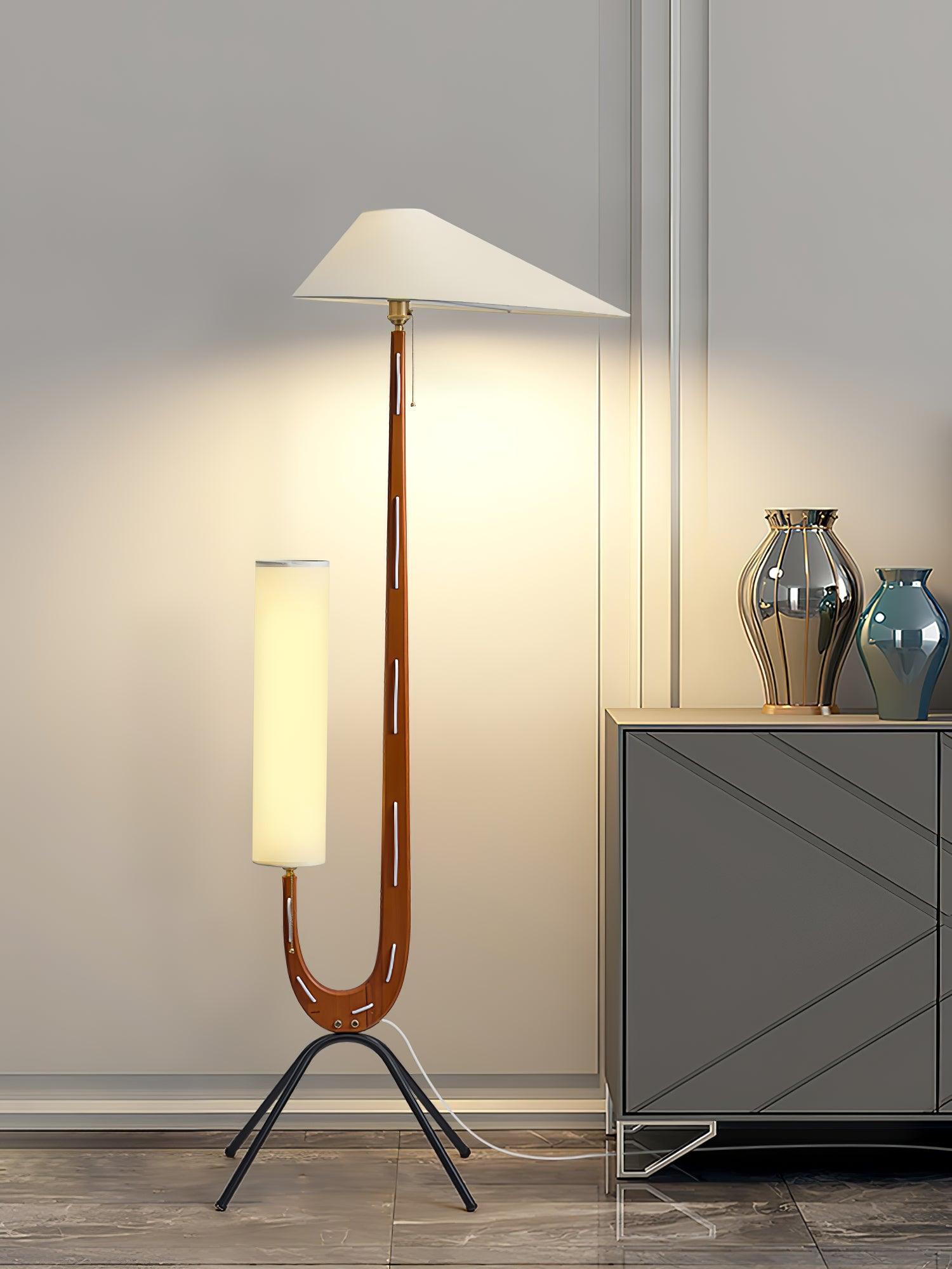 Modern Giraffe Torchiere Floor Lamp Walnut and Stainless Steel Standing Light with White Shade