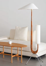 Modern Giraffe Torchiere Floor Lamp Walnut and Stainless Steel Standing Light with White Shade