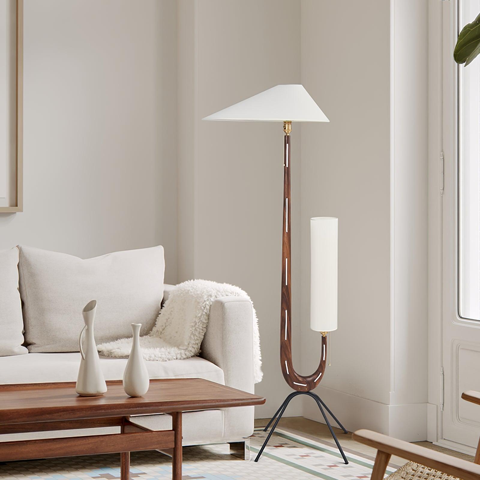 Modern Giraffe Torchiere Floor Lamp Walnut and Stainless Steel Standing Light with White Shade