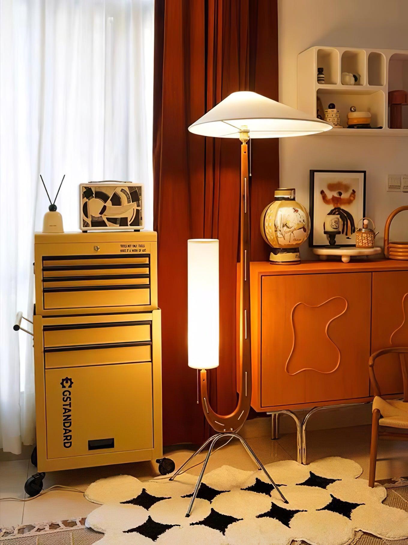 Modern Giraffe Torchiere Floor Lamp Walnut and Stainless Steel Standing Light with White Shade