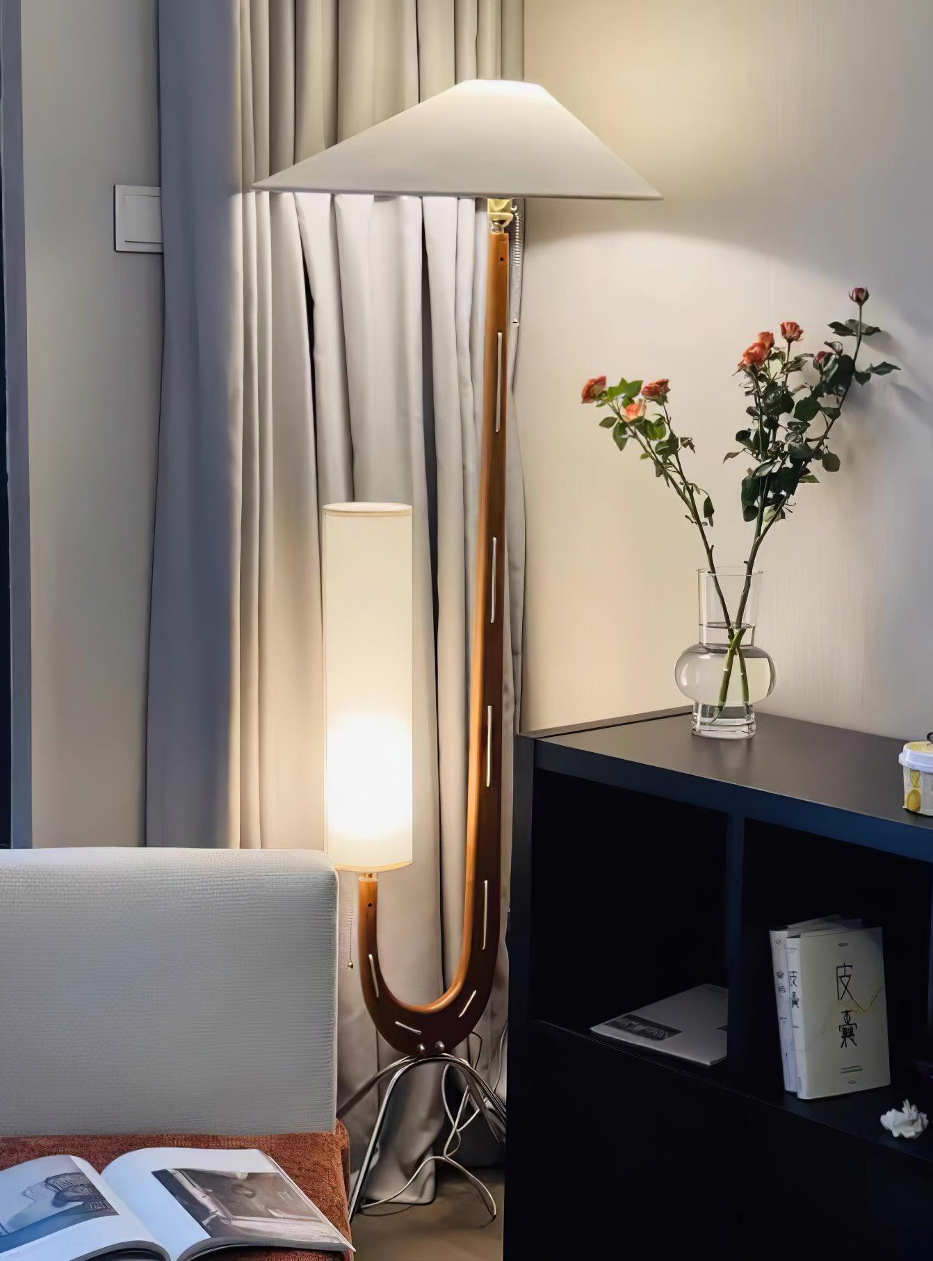 Modern Giraffe Torchiere Floor Lamp Walnut and Stainless Steel Standing Light with White Shade