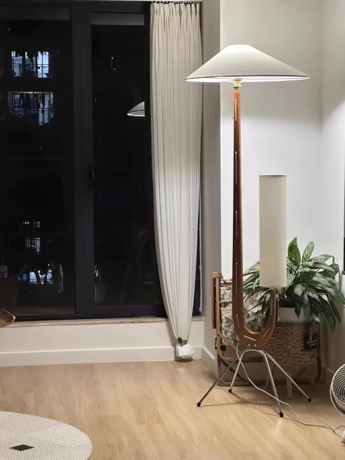 Modern Giraffe Torchiere Floor Lamp Walnut and Stainless Steel Standing Light with White Shade